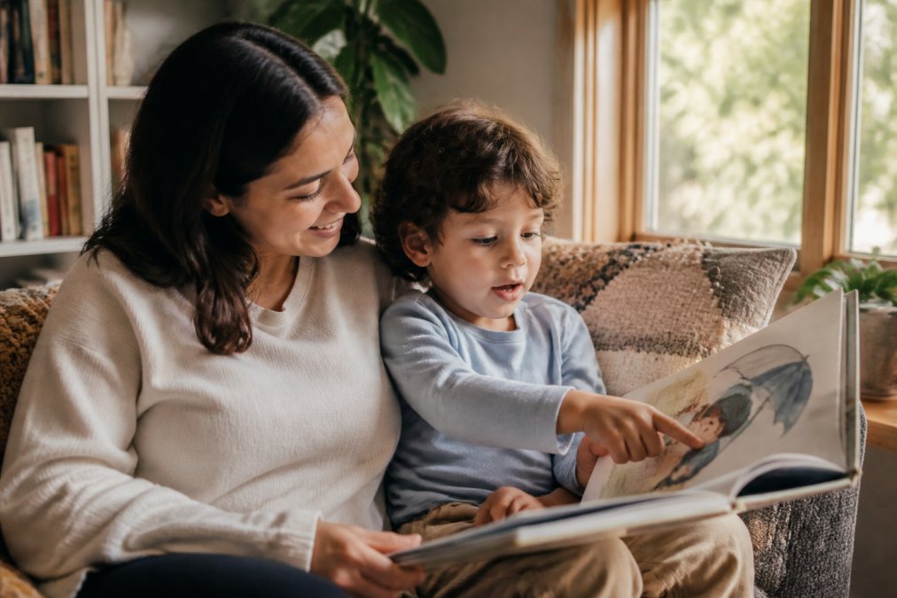 A parent and child sitting together on a cozy couch reading a picture book, the child pointing at an illustration with a curious expression, warm natural light through a window