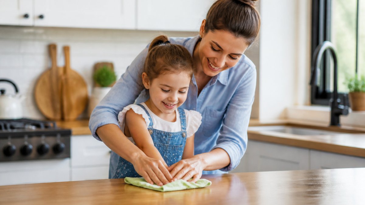 A parent kneeling beside a young child in a bright kitchen, guiding the child's hands as they wipe down a counter with a cloth, both smiling