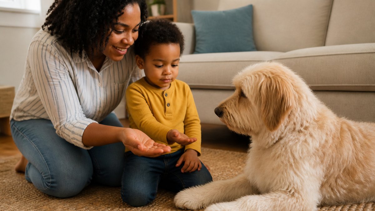 Parent and child kneeling to gently offer their flat hands to a calm dog in a sunny living room