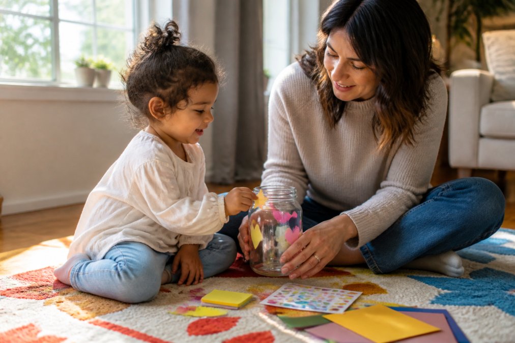 A preschool-aged child and an adult sitting on a colorful rug, decorating a clear kindness jar with stickers and small notes, warm natural light from a window, cozy home setting