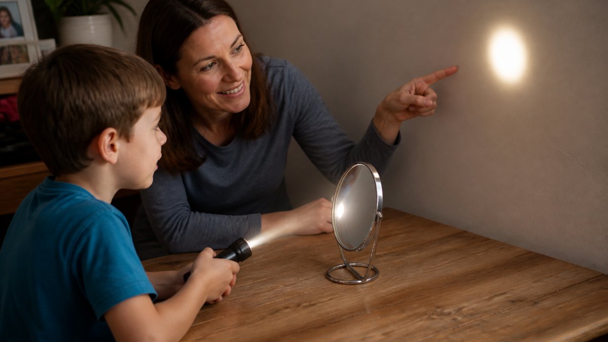 A child holding a small flashlight and shining it at a hand mirror on a table, with a parent kneeling nearby and pointing at the bright reflected spot on the wall, warm indoor lighting