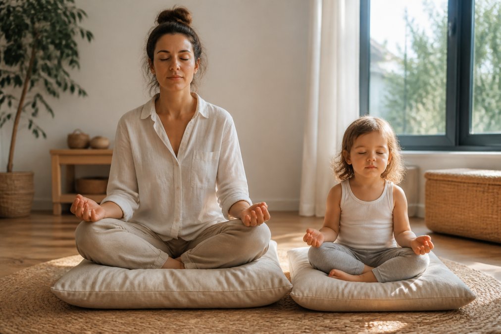 Parent and young child sitting together on a cushion in a calm, bright room with soft natural light streaming through a window, both with eyes gently closed in a peaceful seated pose