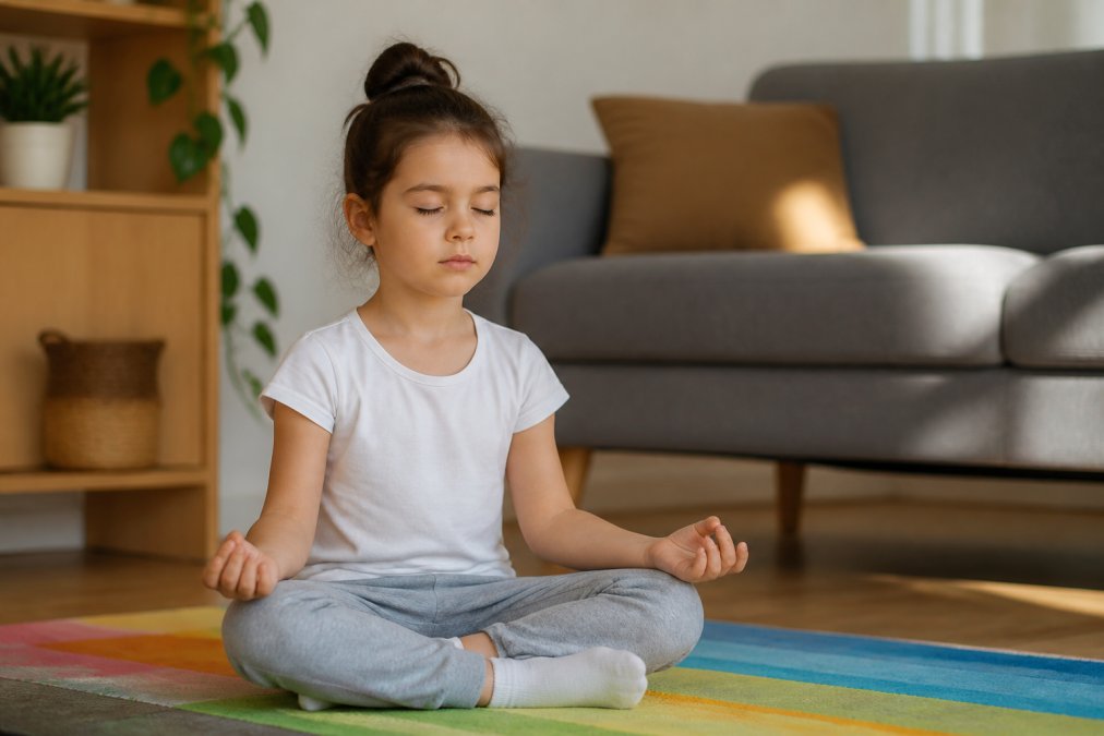 A young child sitting cross-legged on a colorful mat, eyes closed, hands resting on knees in a calm living room with soft natural light