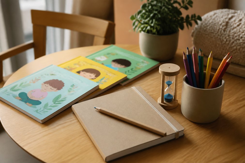 A small wooden table with children's mindfulness activity books, a simple journal, colored pencils, and a small sand timer arranged neatly in soft afternoon light