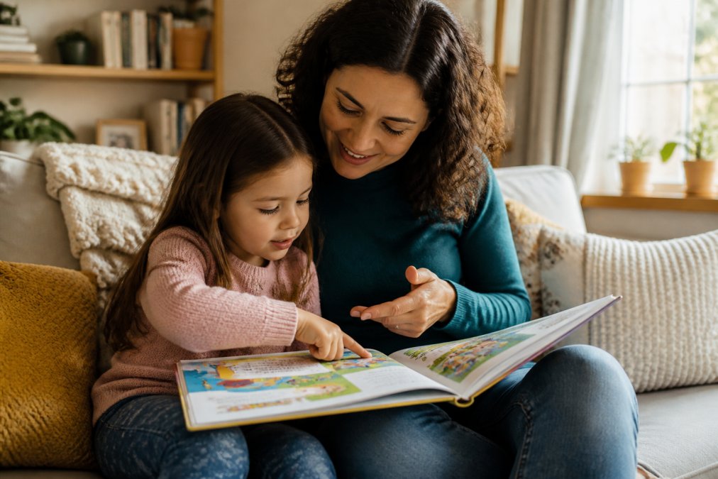 A parent and young child sitting together on a cozy couch reading a colorful storybook, the child pointing at a word on the page while the parent smiles and gestures, warm afternoon light through a nearby window