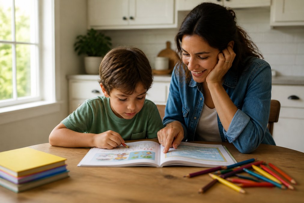 A parent and child sitting at a kitchen table working through a colorful activity book together, crayons and pencils scattered nearby, warm natural light from a window