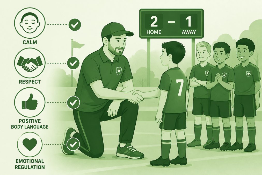 Coach demonstrating respectful handshake with young athlete after game, showing calm facial expression and positive body language while other team members watch in background