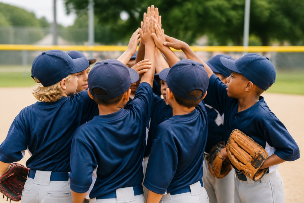 Young athletes huddled together in team circle, giving high-fives and encouraging each other before game, with focused expressions and unified body language