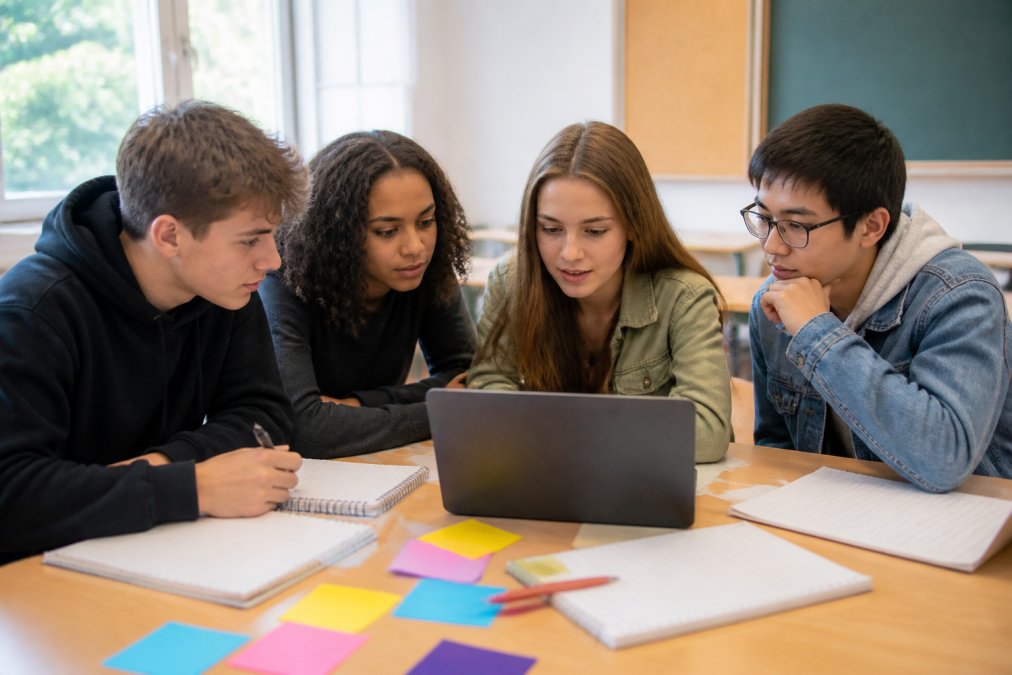 Diverse high school students analyzing AI-generated text on a laptop to learn how to teach students about AI literacy.