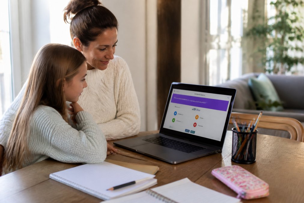 A parent sitting at a dining table with a child, both looking at a laptop screen showing an interactive quiz, notebooks and pencils nearby, warm natural light