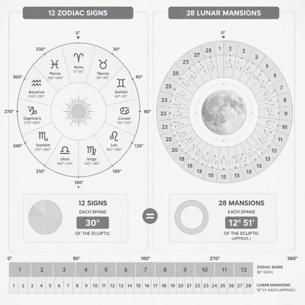 Comparison chart mapping 12 zodiac signs against 28 lunar mansions to identify your natal moon mansion.