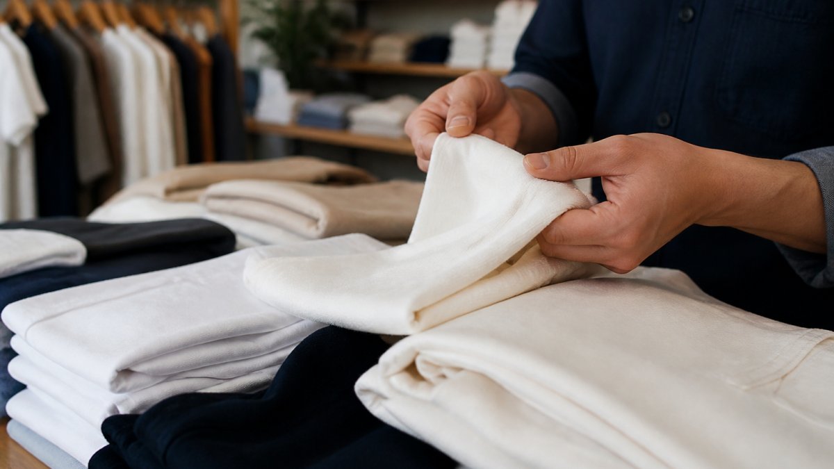 Close-up of a person's hands rubbing a folded cotton t-shirt between fingers in a bright retail store, examining the fabric texture and surface