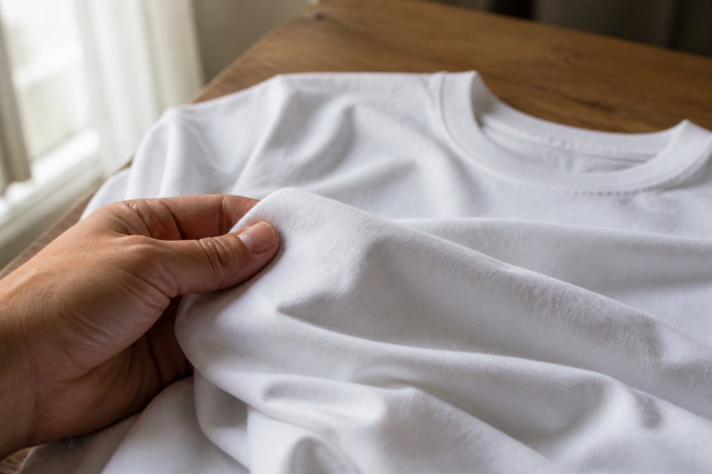 Close-up of a person's hand gently pinching and rubbing the fabric of a plain cotton t-shirt between thumb and forefinger to test softness and thickness, soft natural window lighting