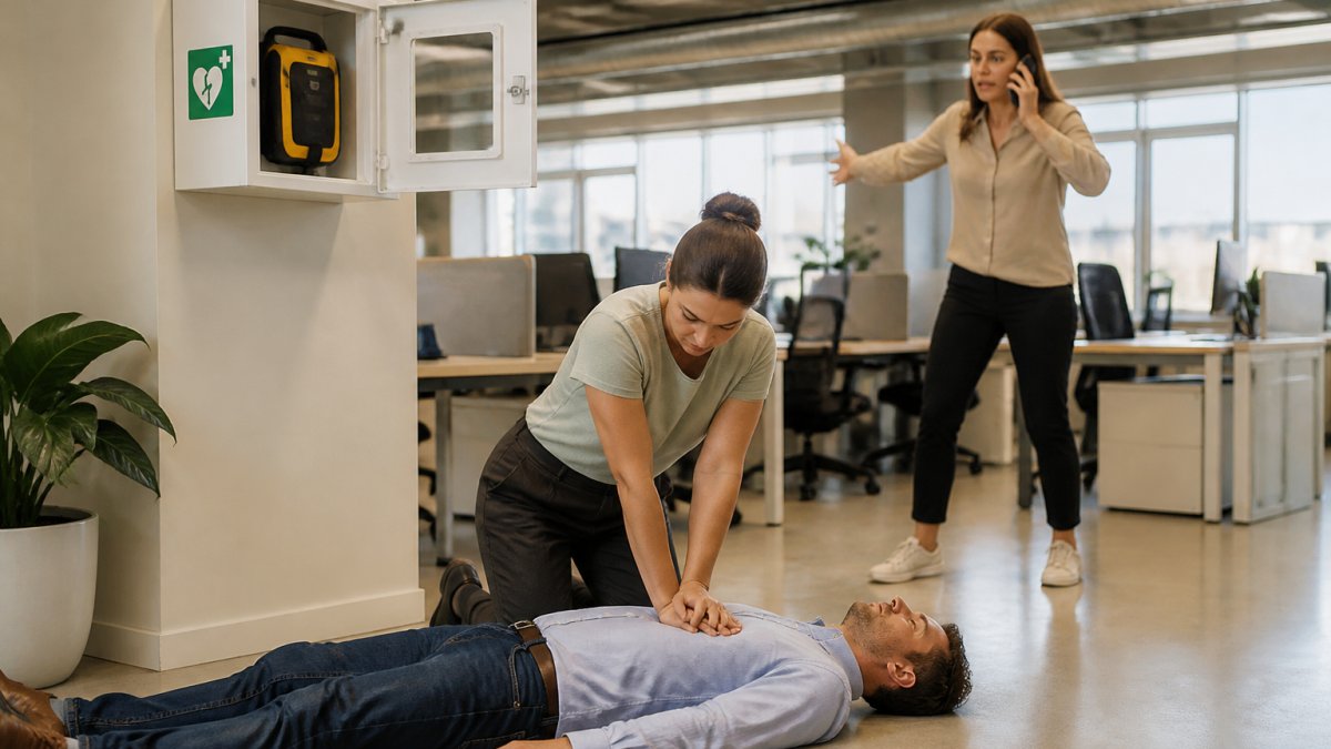 Office worker performing CPR on a colleague near a wall-mounted AED cabinet in a modern workspace
