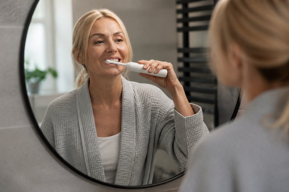 Person brushing teeth with an electric toothbrush, focusing on the gum line and implant area with natural bathroom lighting