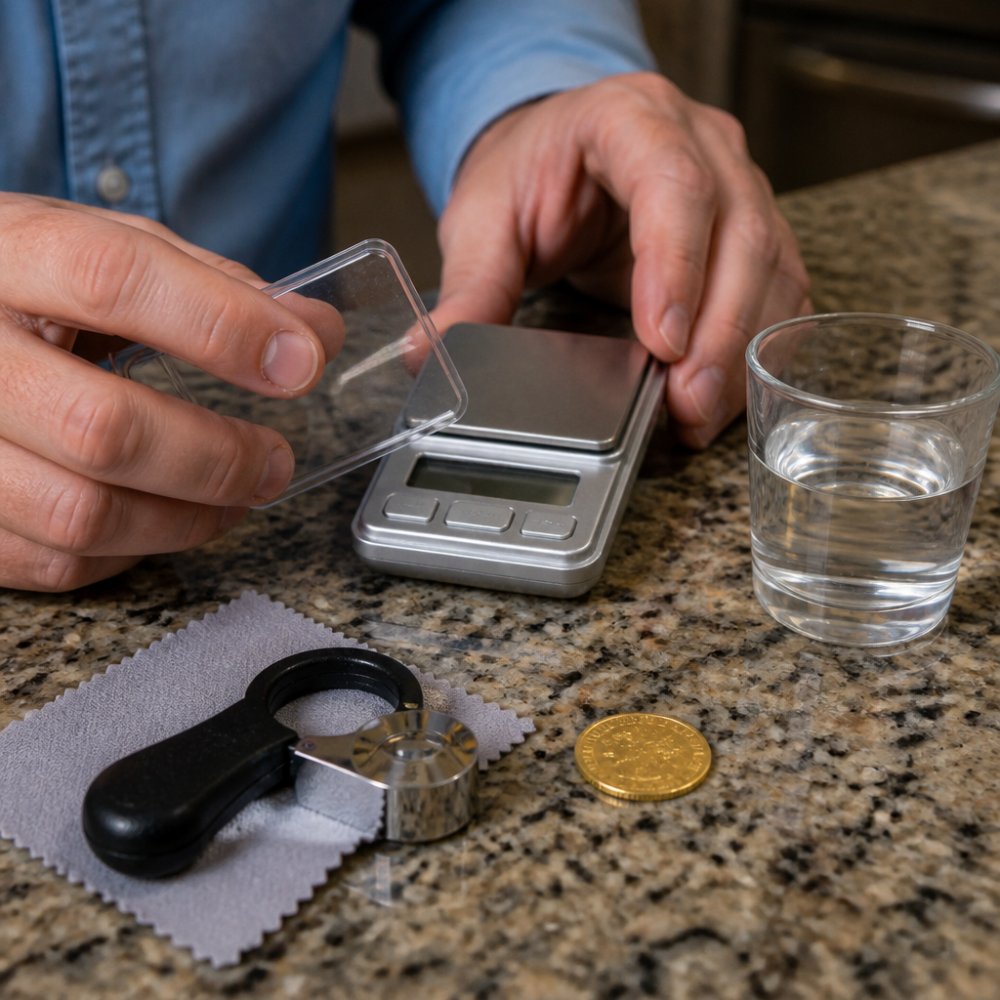 Close-up of a person's hands using a digital jeweler's scale and a small glass of water on a kitchen table, with a gold coin resting beside a magnifying loupe and soft cloth