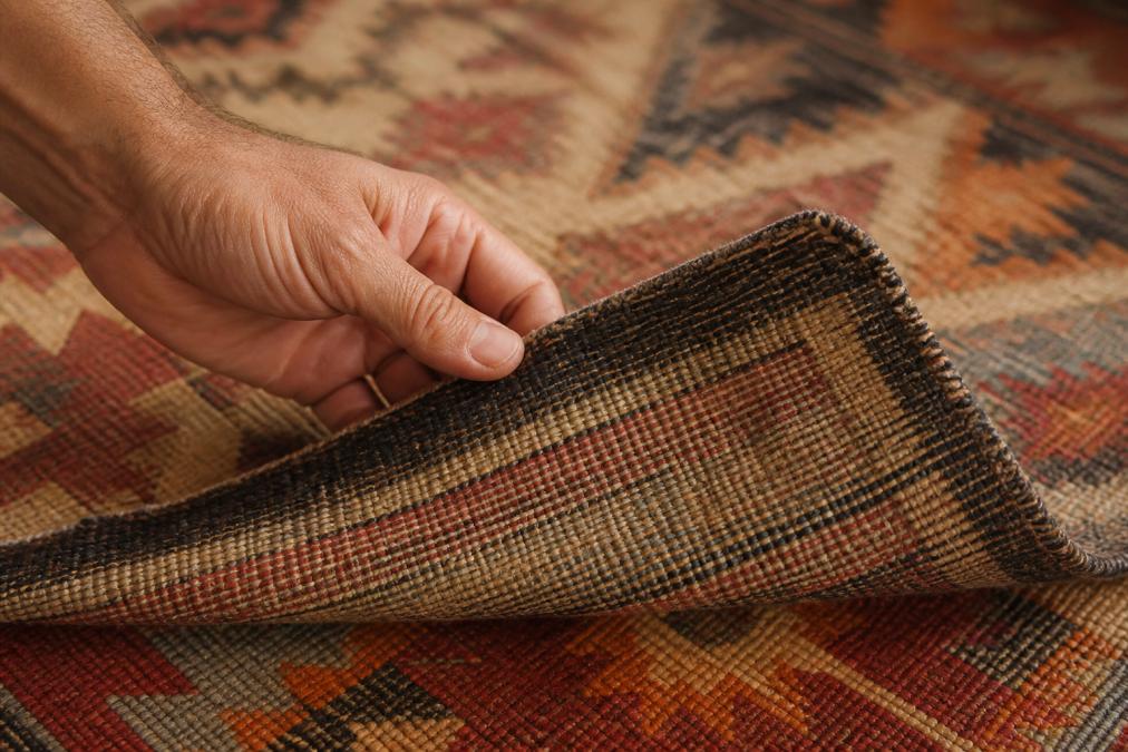 Close-up of hands lifting the corner of a flatweave kilim rug to reveal the backside weave pattern and selvedge edge in warm natural light