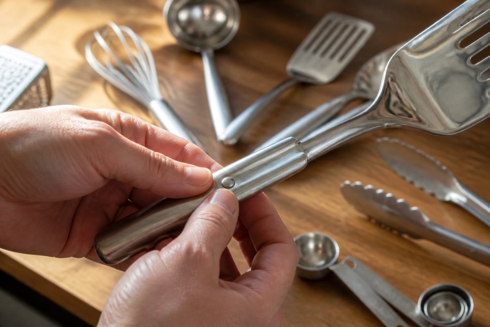 Close-up of a person's hands inspecting the riveted handle joint of a stainless steel kitchen utensil under bright natural light, with other tools blurred in the background on a wooden worktop