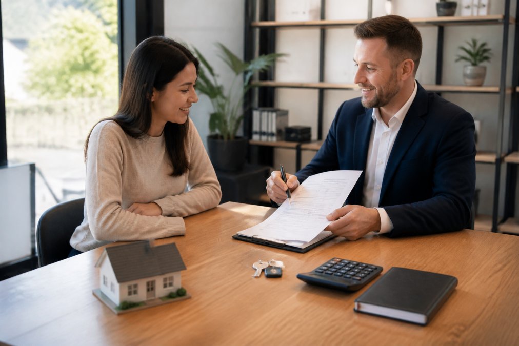 A first-time home buyer sitting across a desk from a professional real estate agent, both reviewing a printed checklist and smiling during a friendly interview in a bright office