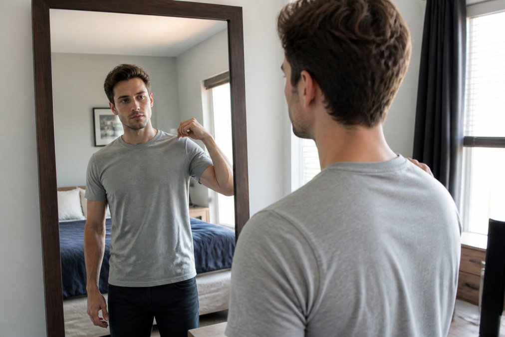 A person standing in front of a full-length mirror in a bedroom, one hand pinching the shoulder seam of a plain t-shirt to check its placement, soft natural window light