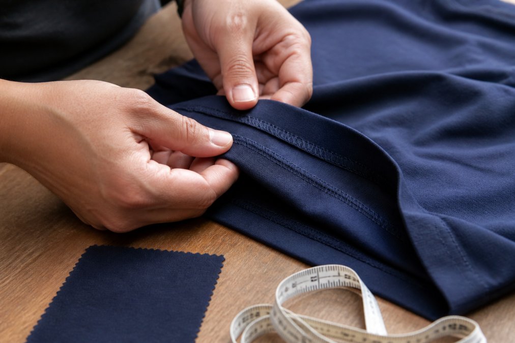 Close-up of hands inspecting the hem and side seam stitching on a folded t-shirt, with a fabric swatch and measuring tape on a wooden table nearby