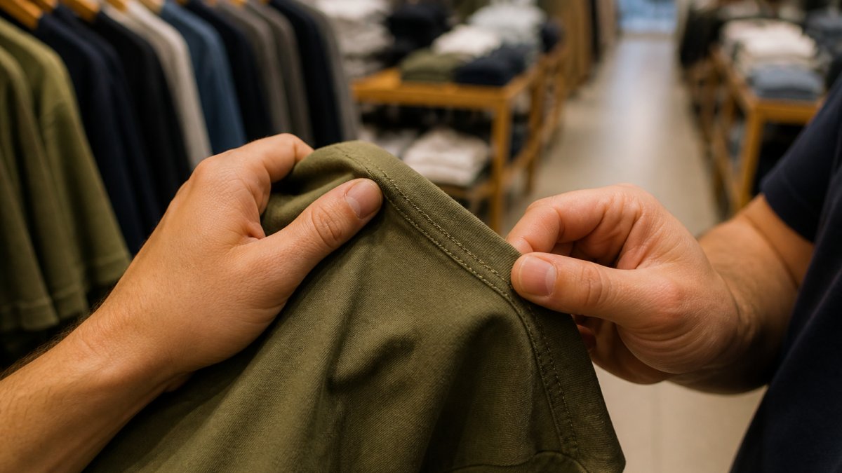 Close-up of a shopper's hands stretching a cotton t-shirt seam and inspecting the stitching in a brightly lit clothing store, racks blurred in the background