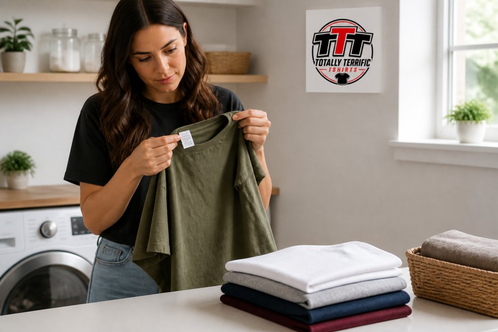 A person in a bright laundry room holding up a t-shirt and reading the fabric care label closely, with a woven tag visible and a stack of folded shirts on the counter nearby