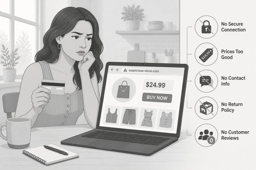 Woman sitting at a laptop at a kitchen table, looking skeptically at the screen while holding a credit card, natural daylight, casual home setting