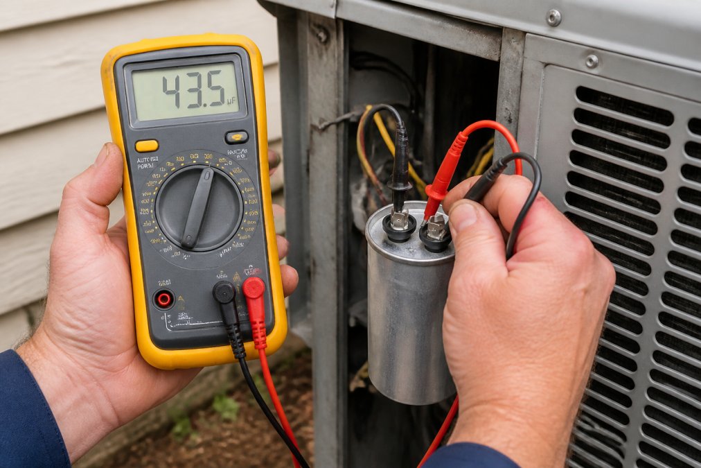 Technician's hands holding a digital multimeter with red and black probes positioned on AC capacitor terminals, meter display visible showing microfarad reading, outdoor HVAC unit in background