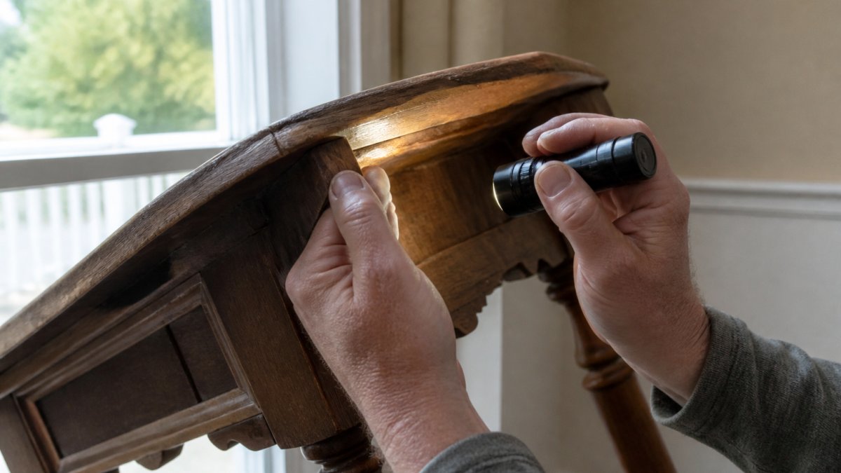 Close-up of a person's hands tilting an antique wooden table edge toward a window, examining grain continuity and the end grain with a small flashlight