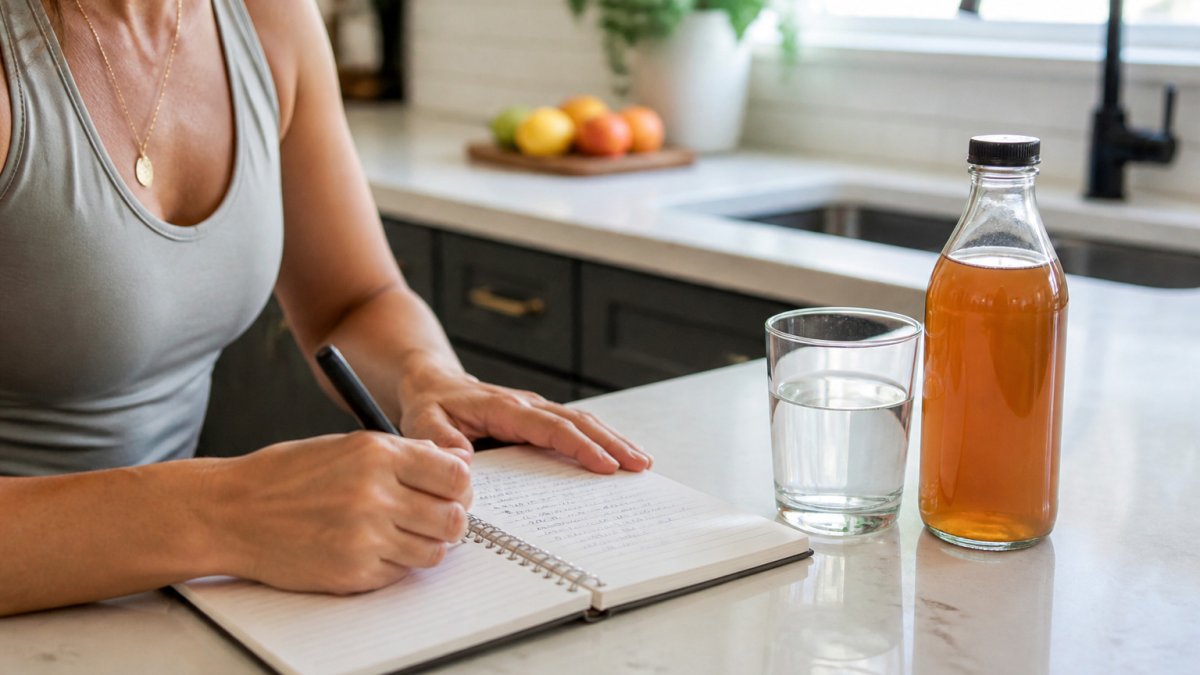 Hands writing in a notebook beside a glass of water and a bottle of tonic on a sunlit kitchen counter