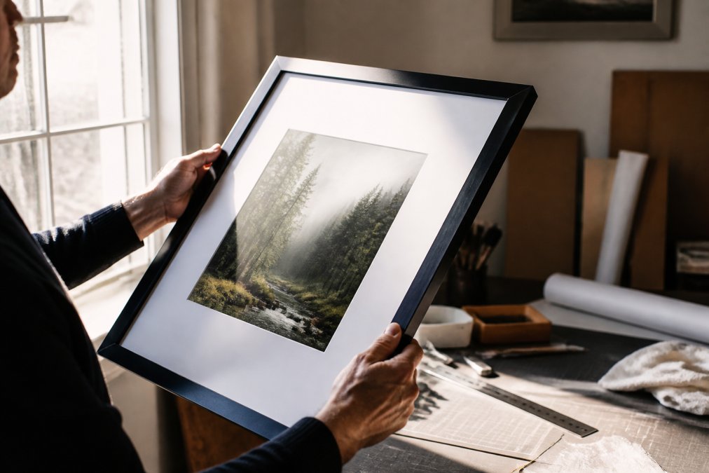 A collector's hands tilting a framed giclée print toward a bright window, catching raking light across the paper surface to reveal ink texture and print detail