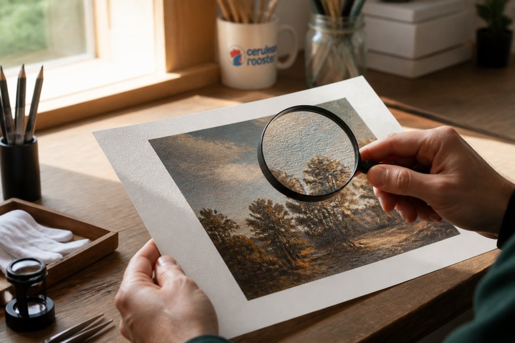 Hands using a magnifying glass to inspect the textured surface of art prints under warm natural light
