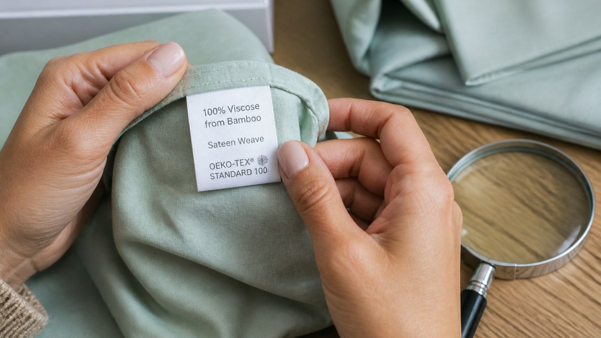 Close-up of hands holding a bamboo sheet label under bright light, showing fiber content and certification tags, with a magnifying glass nearby on a wooden table