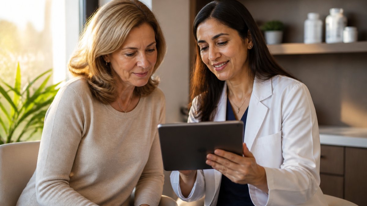 A woman in her fifties reviewing lab results with a female doctor in a bright, modern consultation room, both looking at a tablet together