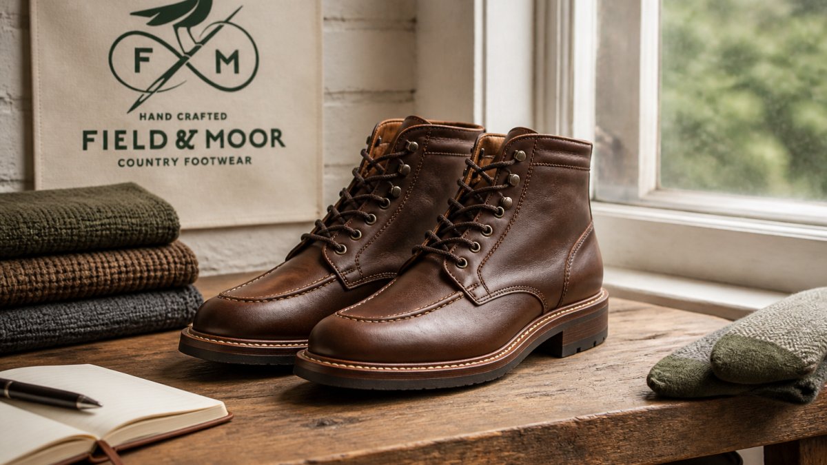 A pair of men's Marsh Harrier boots in mid brown country leather on a wooden bench, Goodyear welted sole edge and welt stitching visible around the perimeter, soft daylight from a window