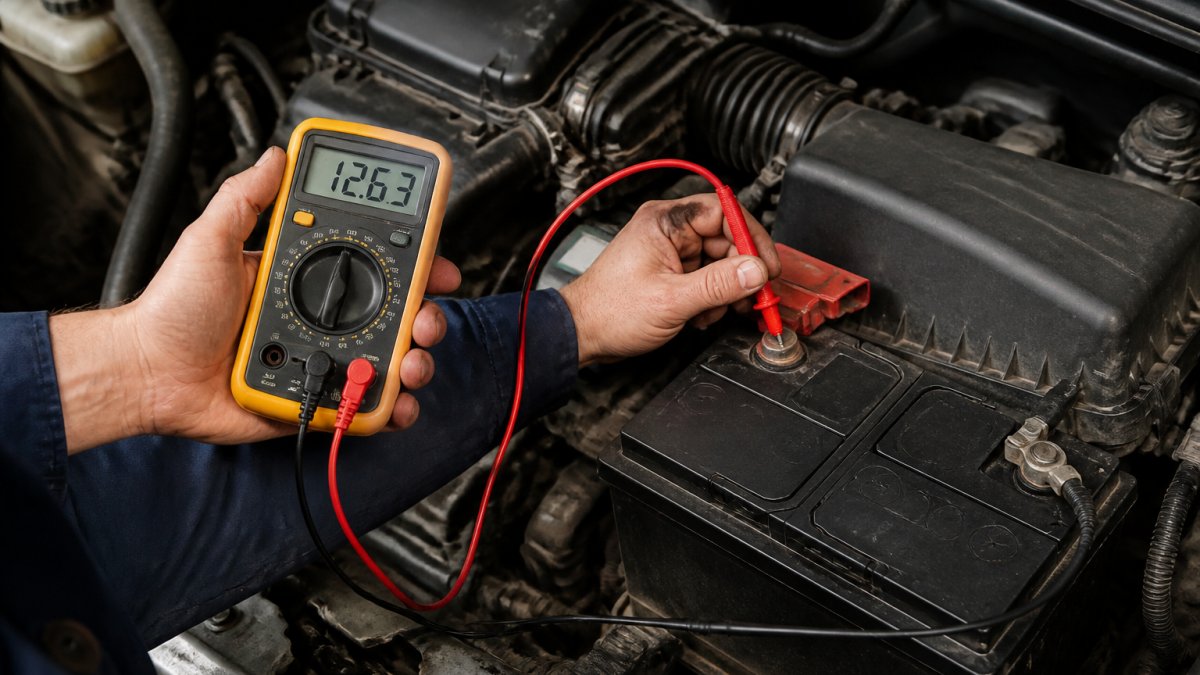 Mechanic using a digital multimeter to test voltage and learn how to tell if car battery is dying