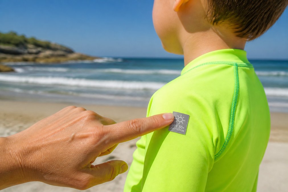Close-up of a parent's hand pointing to a UPF 50+ label on a child's bright neon swim shirt, with a sunny beach background