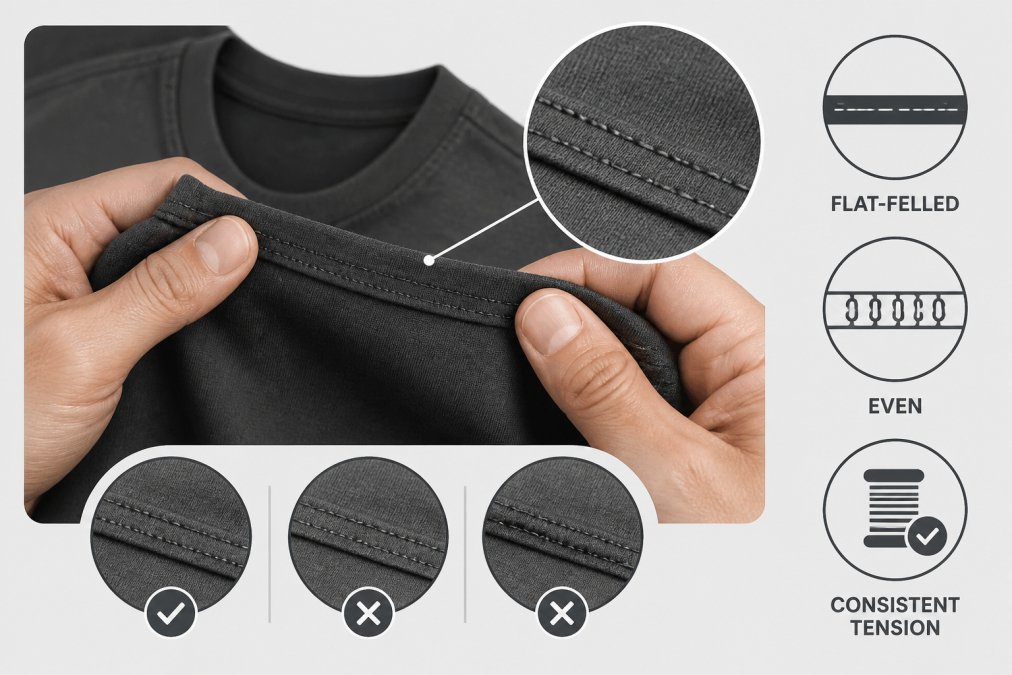 Close-up of hands inspecting a seam on a cotton t-shirt, showing tight, even flat-felled stitches with consistent thread tension under natural lighting