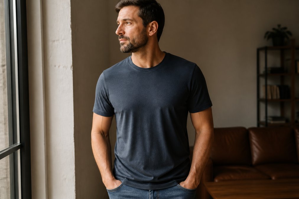 Person wearing a well-fitting, high-quality t-shirt with natural drape and smooth fabric against the body, demonstrating proper garment construction in natural indoor lighting