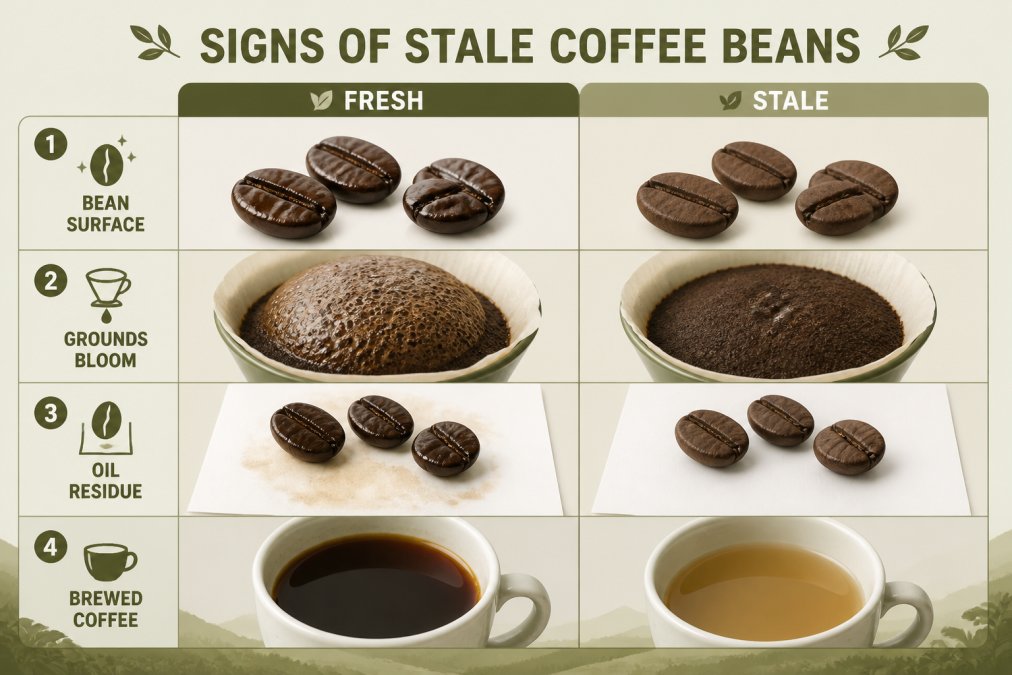 Four-panel comparison showing (1) fresh bean surface with glossy oils vs. stale bean surface that is matte and dull, (2) fresh coffee grounds blooming vigorously with visible bubbles and dome formation vs. stale grounds lying flat with minimal bubbling, (3) fresh beans leaving oily residue on white paper vs. stale beans leaving no mark, (4) fresh brewed coffee in cup showing rich color vs. stale brewed coffee showing pale, thin color