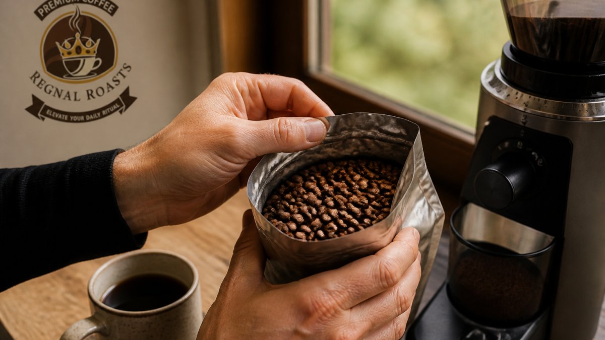 Hands examining the color and surface texture of coffee beans in natural light near a grinder and cup