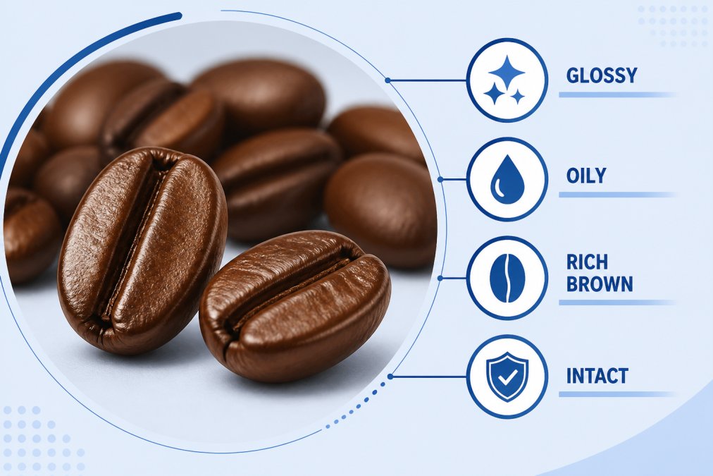 Close-up of freshly roasted coffee beans showing glossy, rich brown surface with individual beans in sharp focus, some displaying the characteristic sheen of peak freshness
