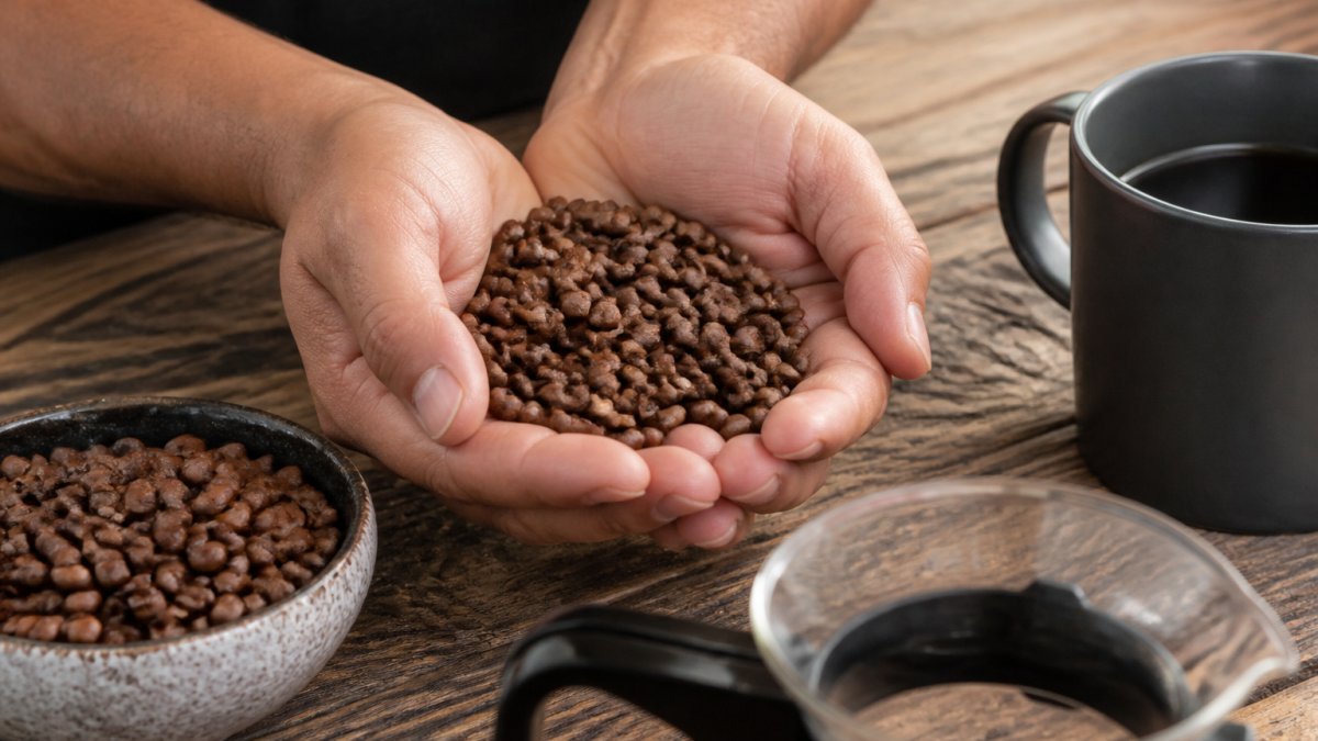Close-up of hands holding a handful of whole coffee beans over a wooden table, with a small bowl of beans and a brewing mug nearby, natural light