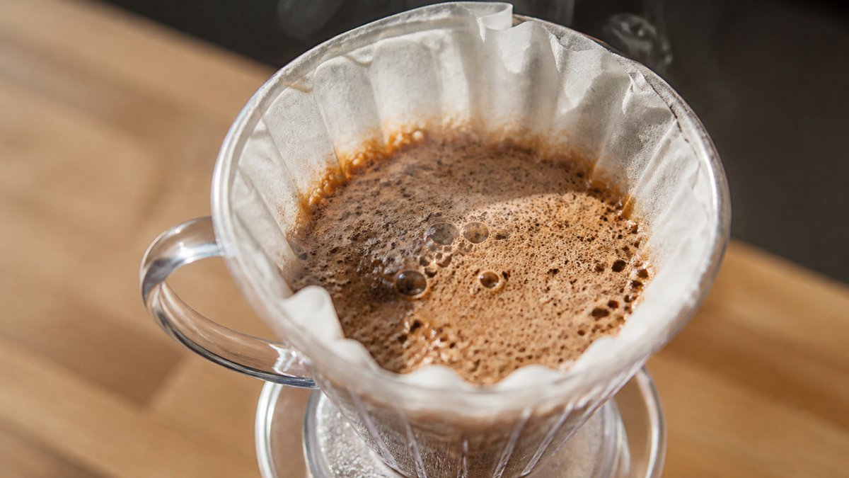 Fresh coffee grounds blooming with foamy bubbles in a pour-over brewer under warm morning sunlight