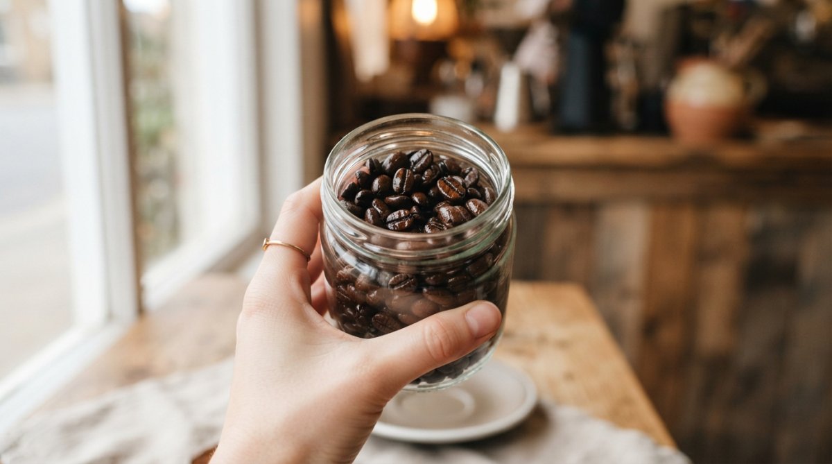 Close-up of a hand holding a clear glass jar filled with glossy, freshly roasted whole coffee beans, with soft natural window light highlighting the oily sheen on the bean surfaces