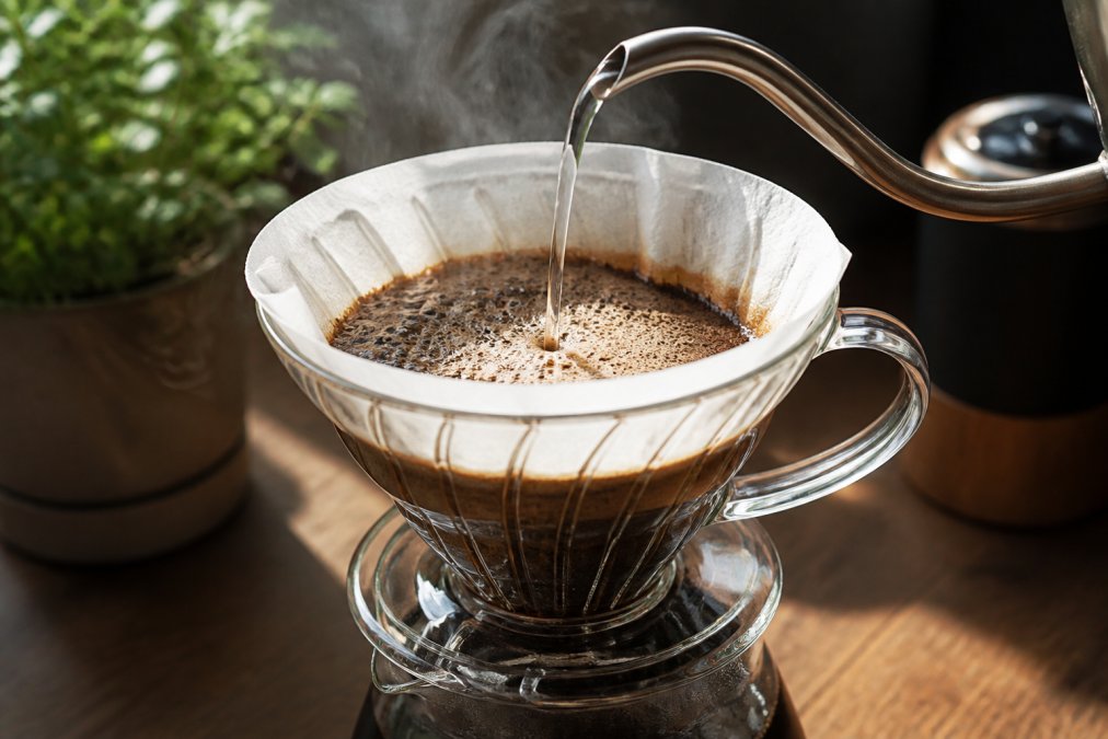 Close-up of a pour-over coffee dripper with hot water hitting fresh coffee grounds, creating a bubbling, foamy bloom, steam rising in soft morning light