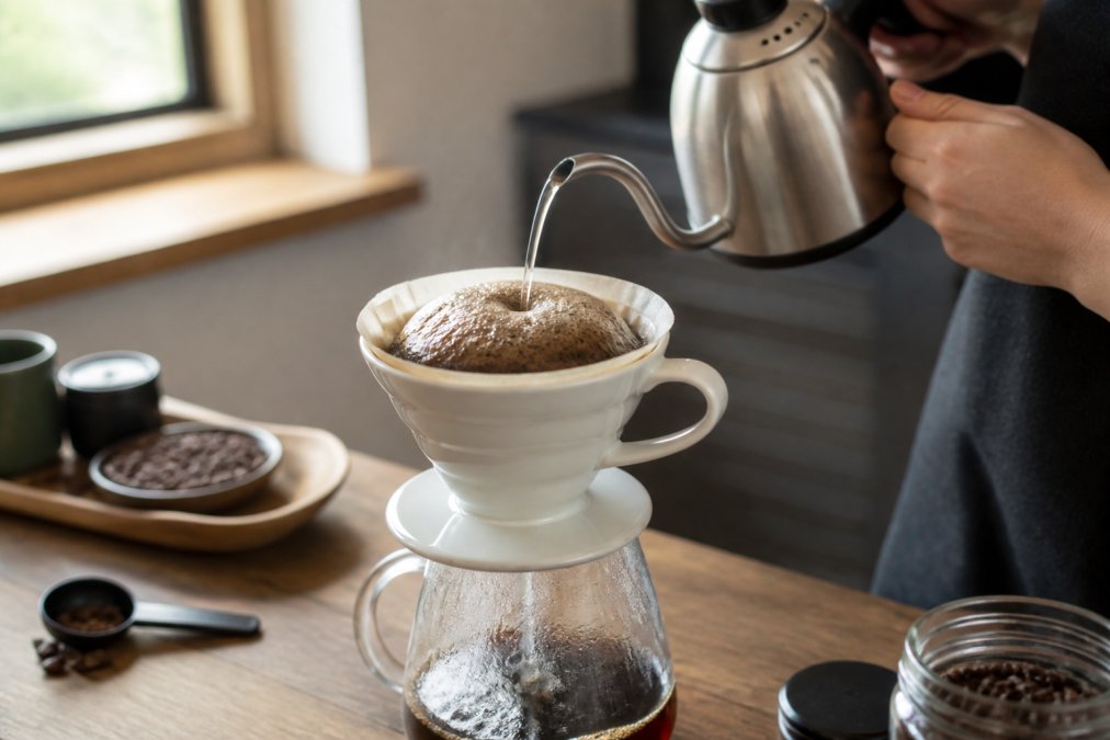 Close-up of hands pouring a thin stream of hot water over dark coffee grounds in a ceramic pour-over dripper, with a dramatic bloom of bubbling foam rising visibly above the rim, soft natural window light, warm kitchen setting