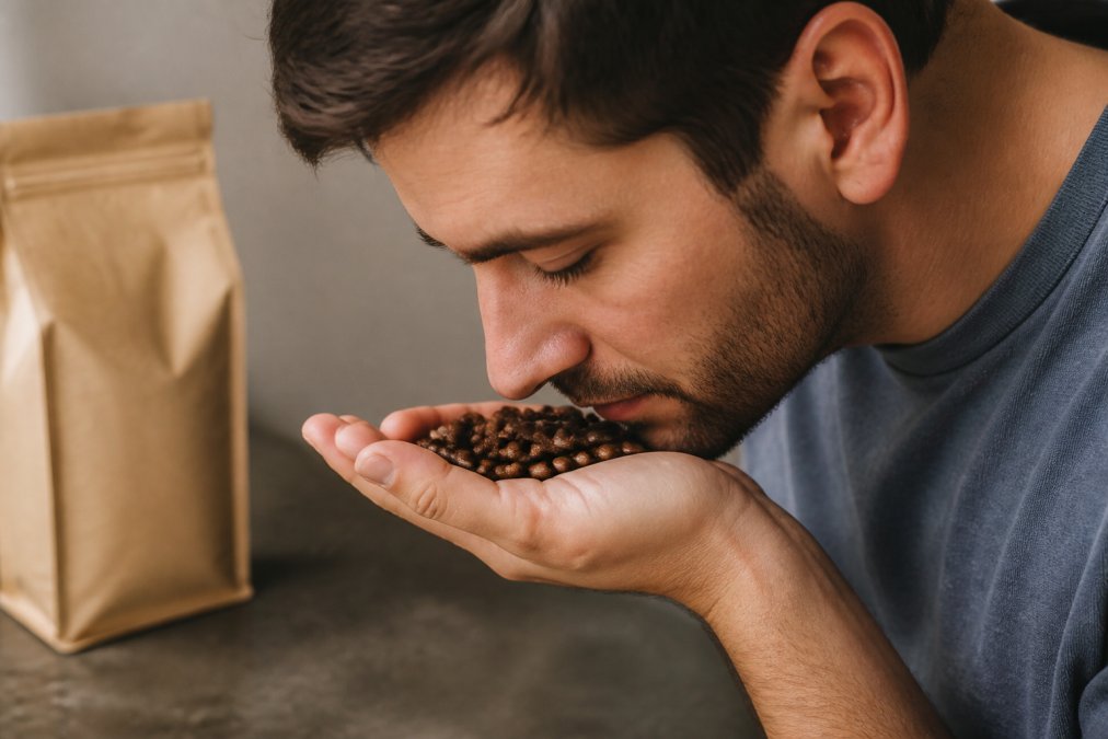 Close-up of a person's hand holding whole roasted coffee beans near their nose, inhaling the aroma, with a kraft coffee bag visible in the soft background