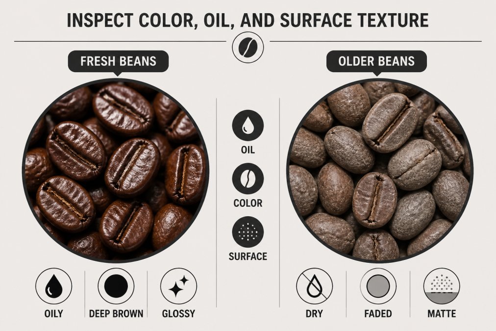 Close-up of fresh coffee beans displaying glossy, oily surface with deep brown color and visible sheen, positioned next to older, dull-looking beans with matte gray coating for direct visual comparison